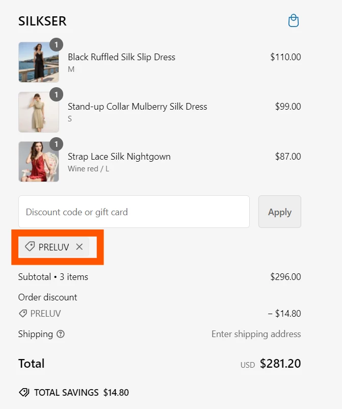 Silkser verified Coupon code PRELUV